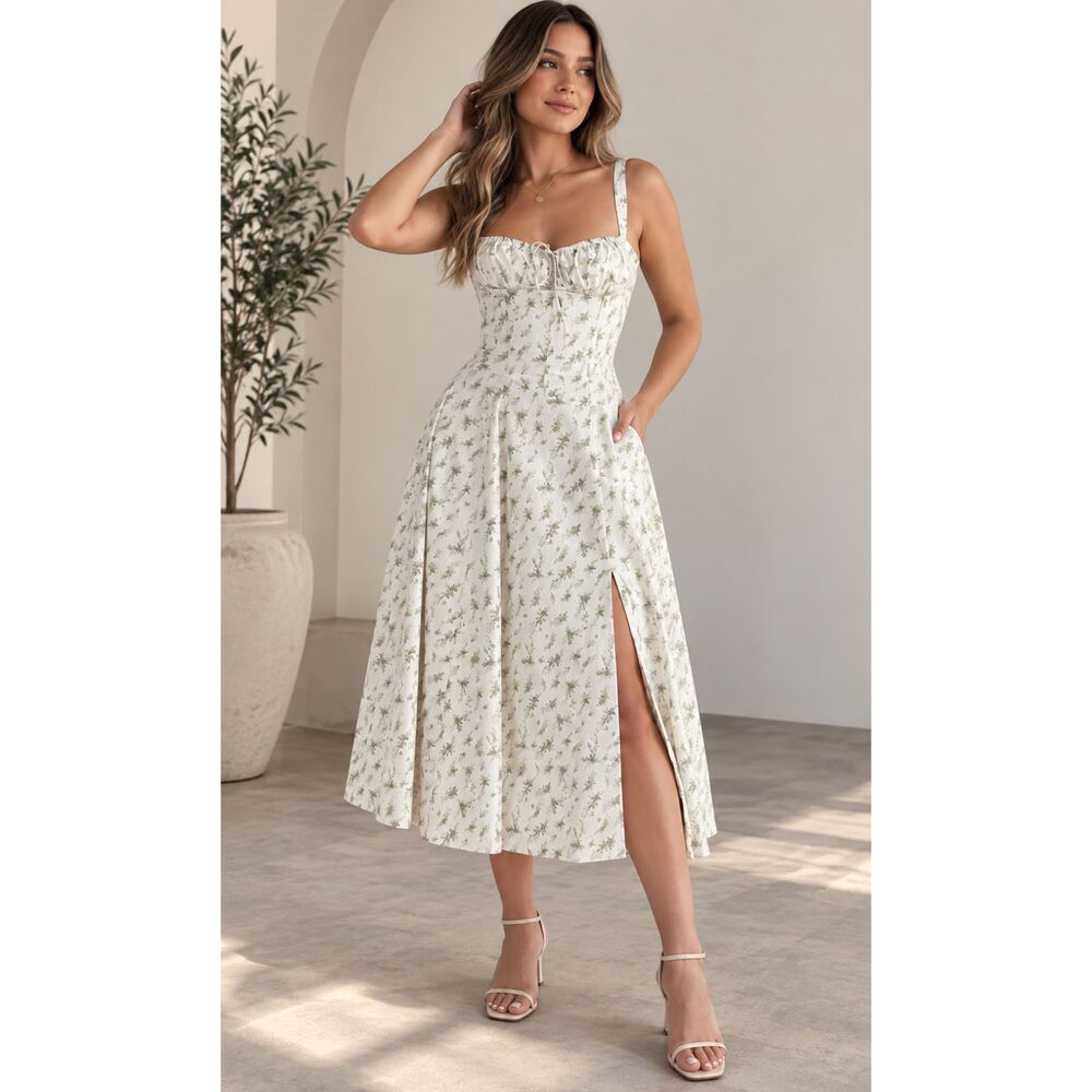 SHEIN Floral Corset Lace Up Back Midi Dress Women’s S White Green Pockets